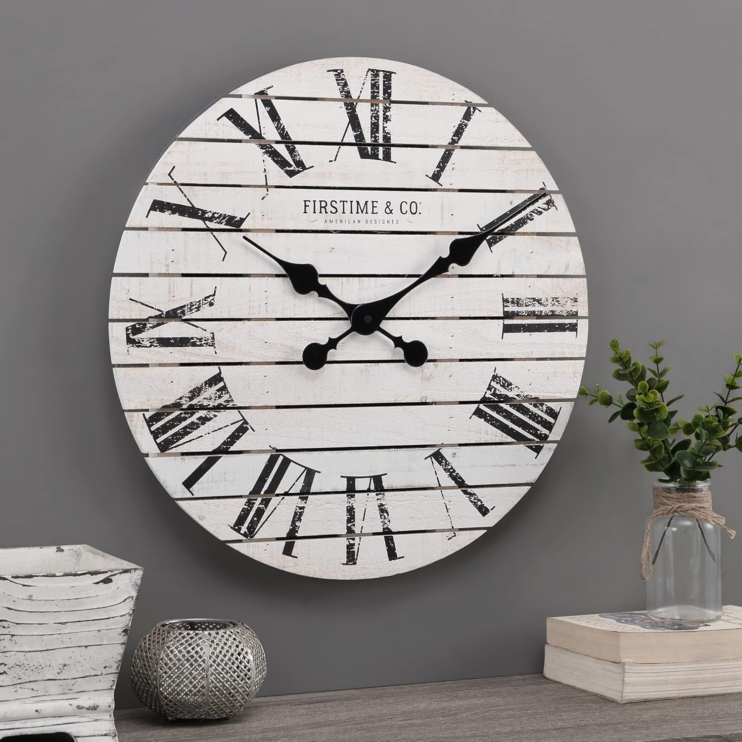 FirsTime & Co. White Shiplap Farmhouse Wall Clock – Timeless Charm for Any Space!