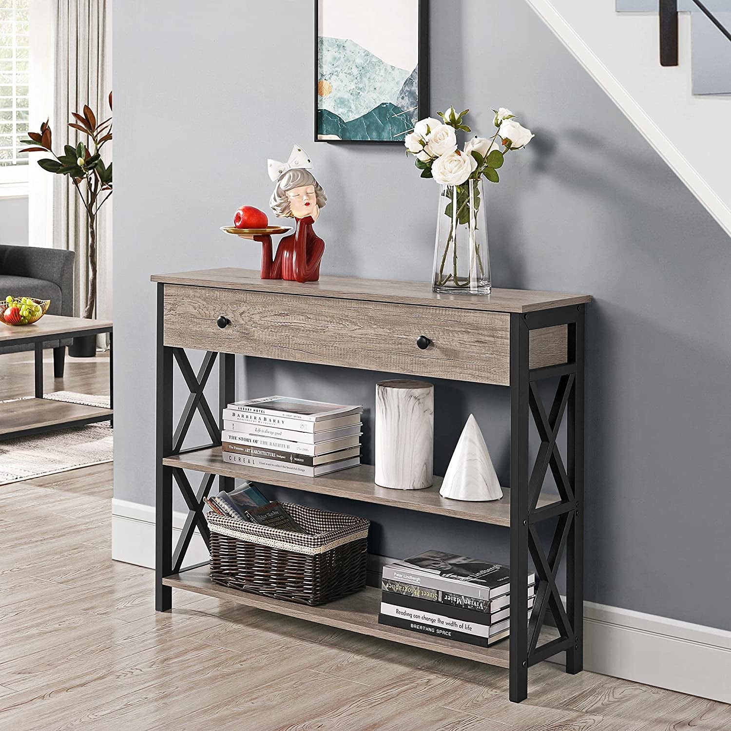 Elegant X-Design Console Table with Storage - Versatile Sofa, Entryway, and TV Stand with Ball Bearing Drawer & Anti-Tipping Safety